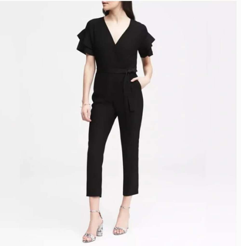 BANANA REPUBLIC Black Short Ruffle Sleeve Belted V-Neck Jumpsuit // 2